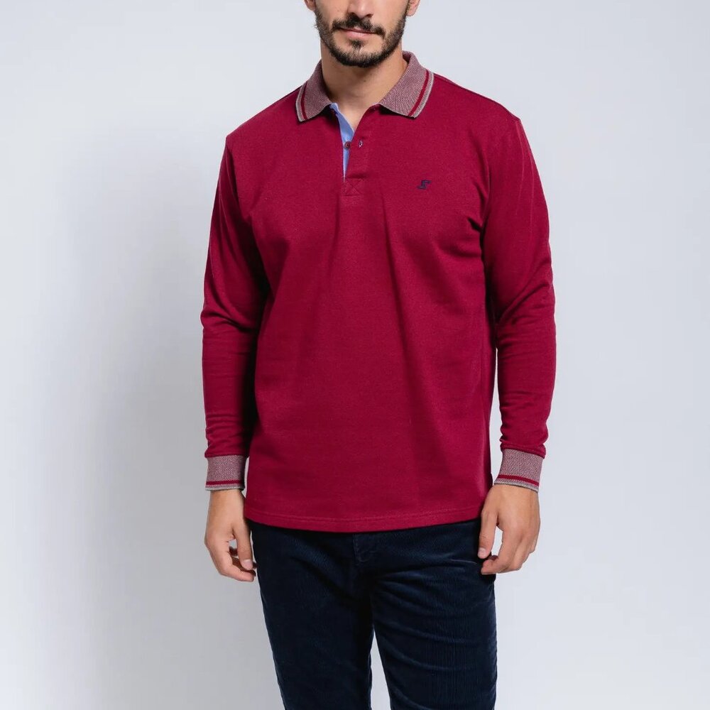 SMF Burgundy Knit Long Sleeve Button Up Knit Polo With Contrast Collar And Cuff